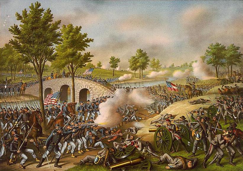 “Battle of Antietam,” lithograph by Kurz and Allison, 1888, showing the fighting around Burnside Bridge (Library of Congress)