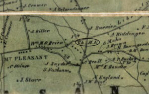 Mt. Pleasant section of the 1858 Bond Map of Frederick County showing the location of an ME Church at the crossroads east of the village. (Library of Congress)