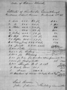 Building materials estimate for Emmitsburg "Freedmen’s School House" signed by Building Committee members Samuel Brown and John Johnson. (National Archives)