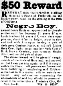 William Best advertisement for runaway apprentice Louis Robison, Frederick Examiner, Nov. 22, 1865