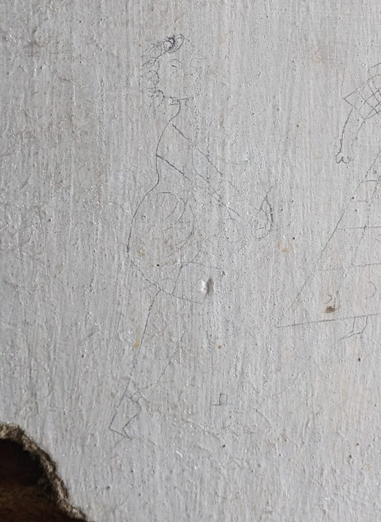 Sketch of four children playing, on the wall of the SW attic dormer
and a detail of the unknown figure. (photo by the author, 2024)