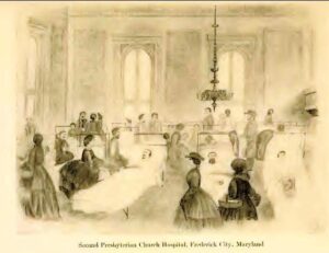 Ladies of Frederick visiting the wounded in the Presbyterian Church hospital in Frederick (Charles F. Johnson, The Long Roll, 1911)