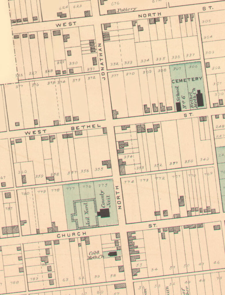 Detail of the Jonathan Street neighborhood in Hagerstown's 5th Ward, 1877 Atlas of Washington County. (Johns Hopkins University Library)