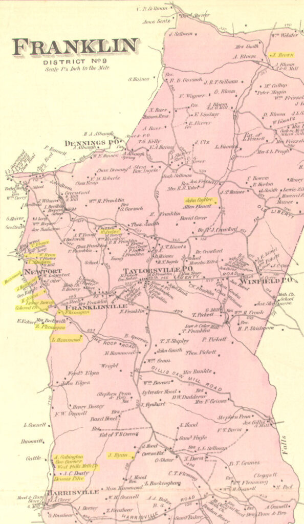 1877 Carroll Co. Atlas, Franklin District, annotated with yellow highlight indicating African American residents and churches. (Johns Hopkins University Library)