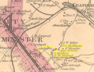 1877 Atlas of Carroll Co., Westminster District detail showing cluster of Black households (yellow highlight) on the road to Cranberry Station. The series of dwellings owned by James Keefer were likely rentals. (Johns Hopkins University Library)